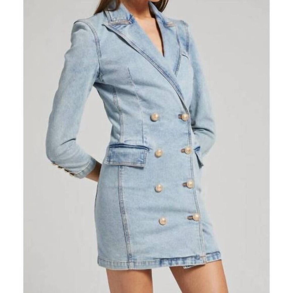 Generation Love Sean Denim Blazer Dress Size XXS NWT in Light Blue Gold Buttons - Picture 4 of 9